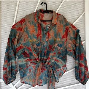 Mes Demoiselle top button up balloon sleeve tie dye front tie size 40